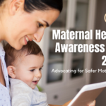 A smiling mother holding her baby while looking at a tablet, symbolizing the importance of maternal health and technology in advocating for safer motherhood. The image features the text 'Maternal Health Awareness Day 2025: Advocating for Safer Motherhood' along with the FeldCare Connects logo.